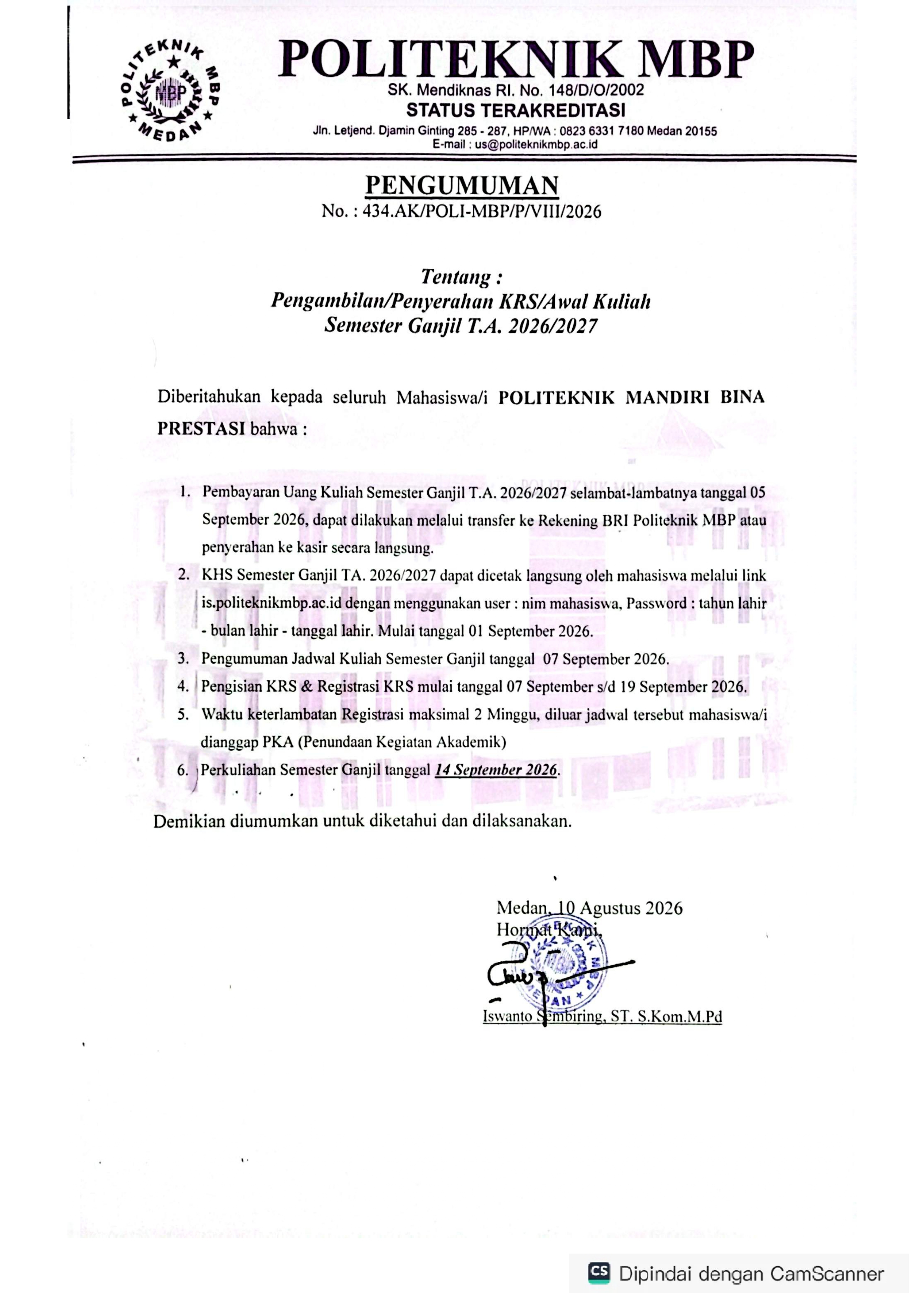 Pengumuman Awal Perkuliahan Semester Ganjil Tahun Akademik 2026-2027