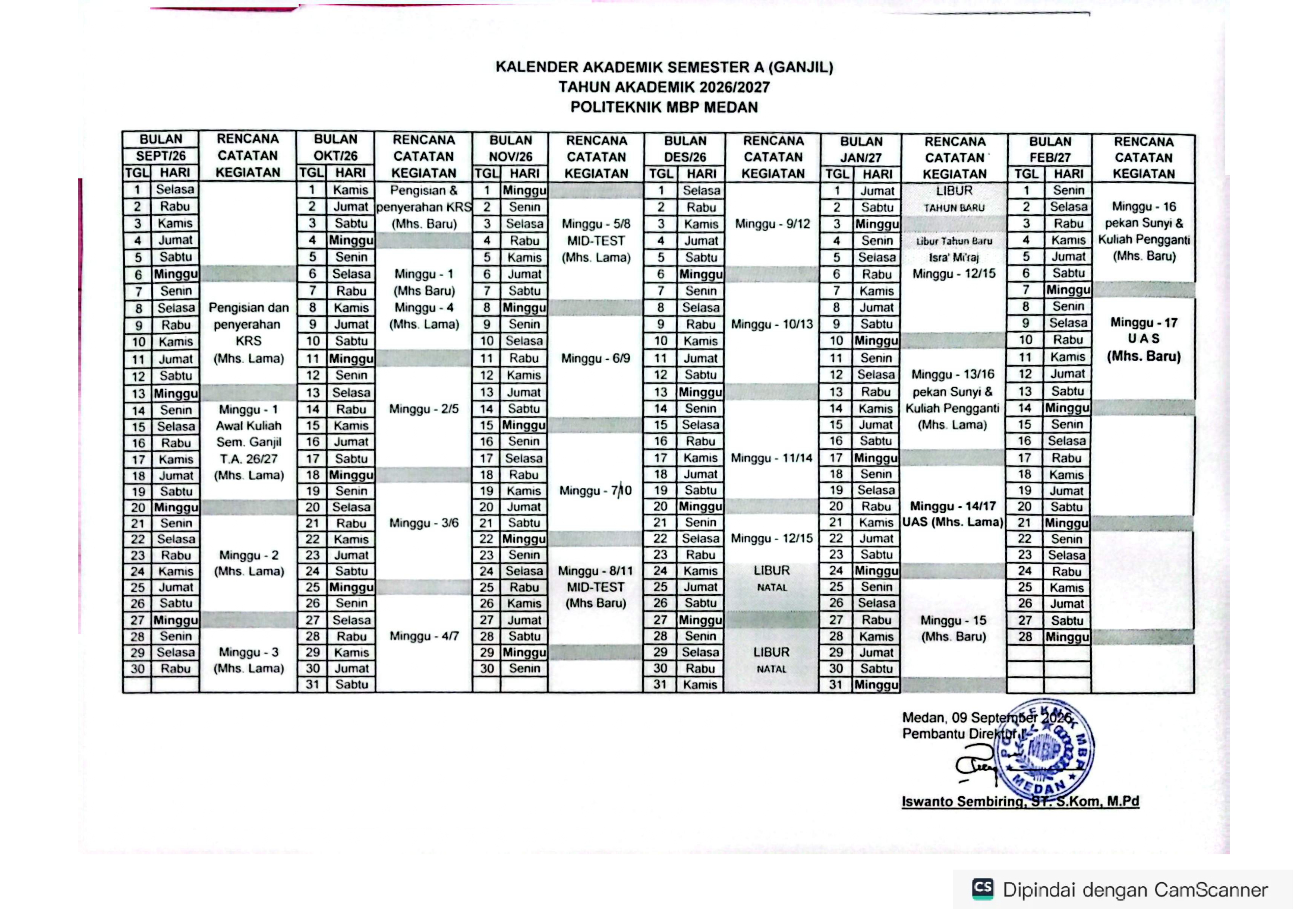 Kalender Akademik Semester Ganjil Tahun Akademik 2026-2027