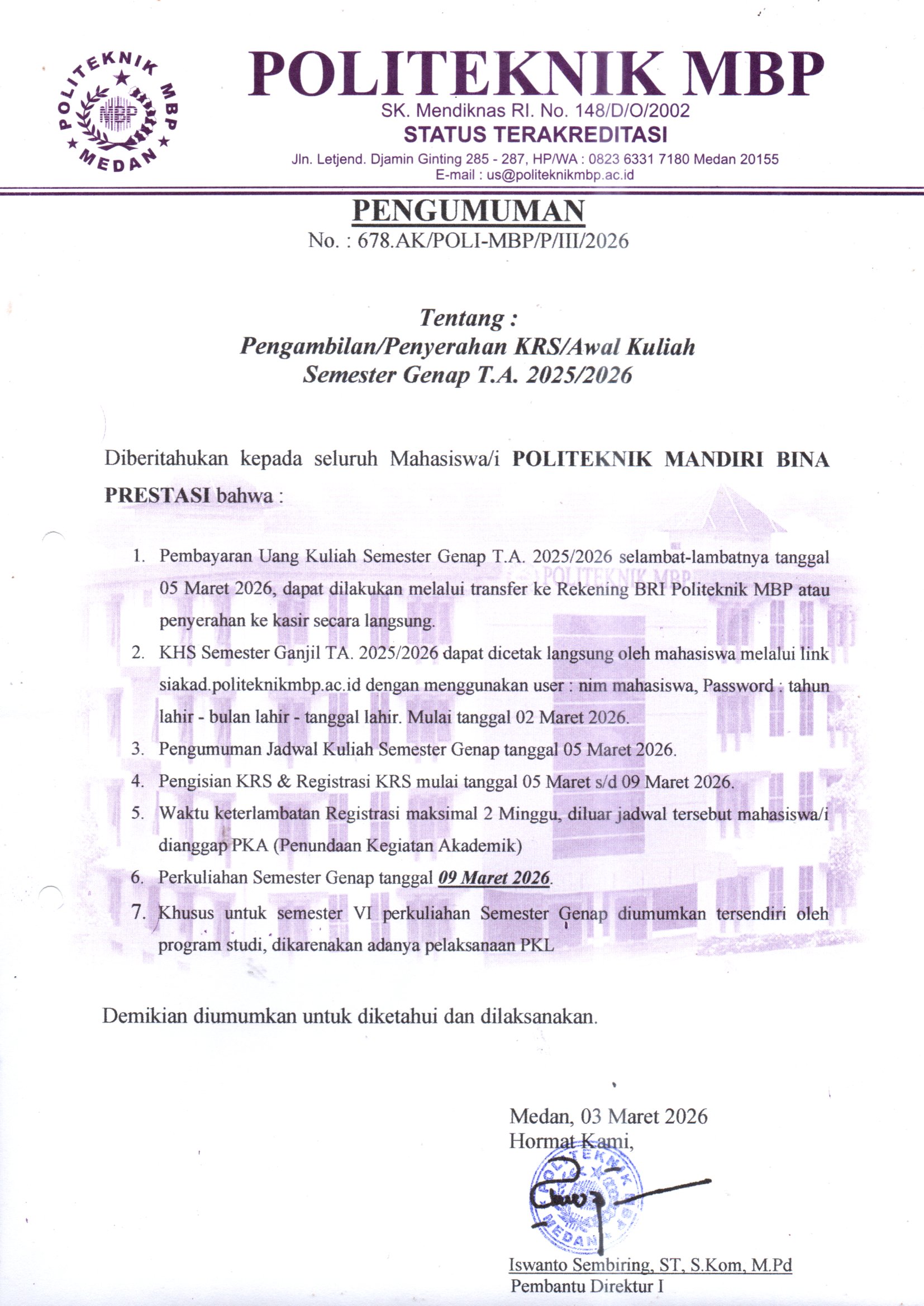 Pengambilan/Penyerahan KRS/Awal Kuliah Semester Genap T.A. 2025/2026