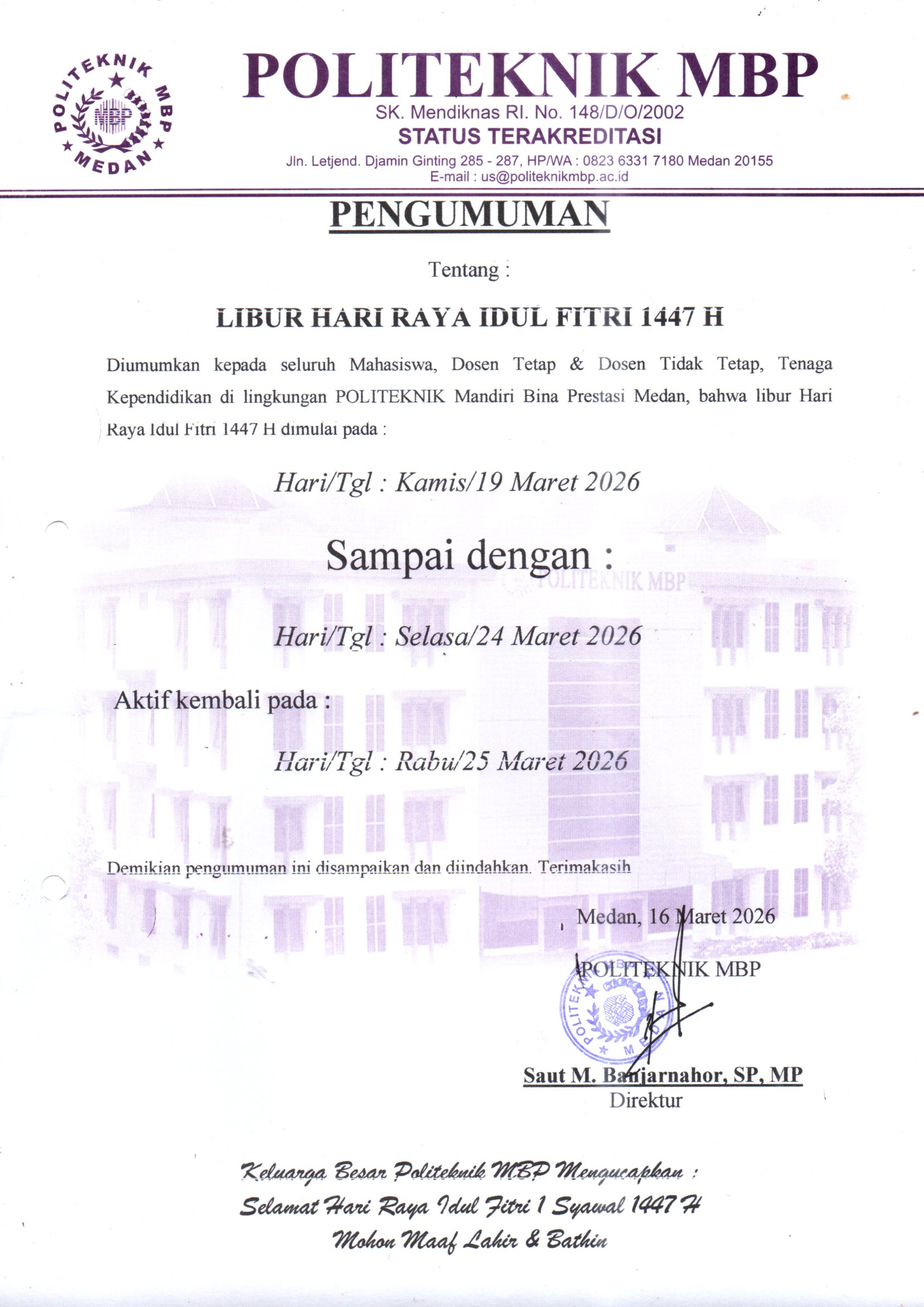 Pengumuman Libur Hari Raya Idul Fitri 1447 H