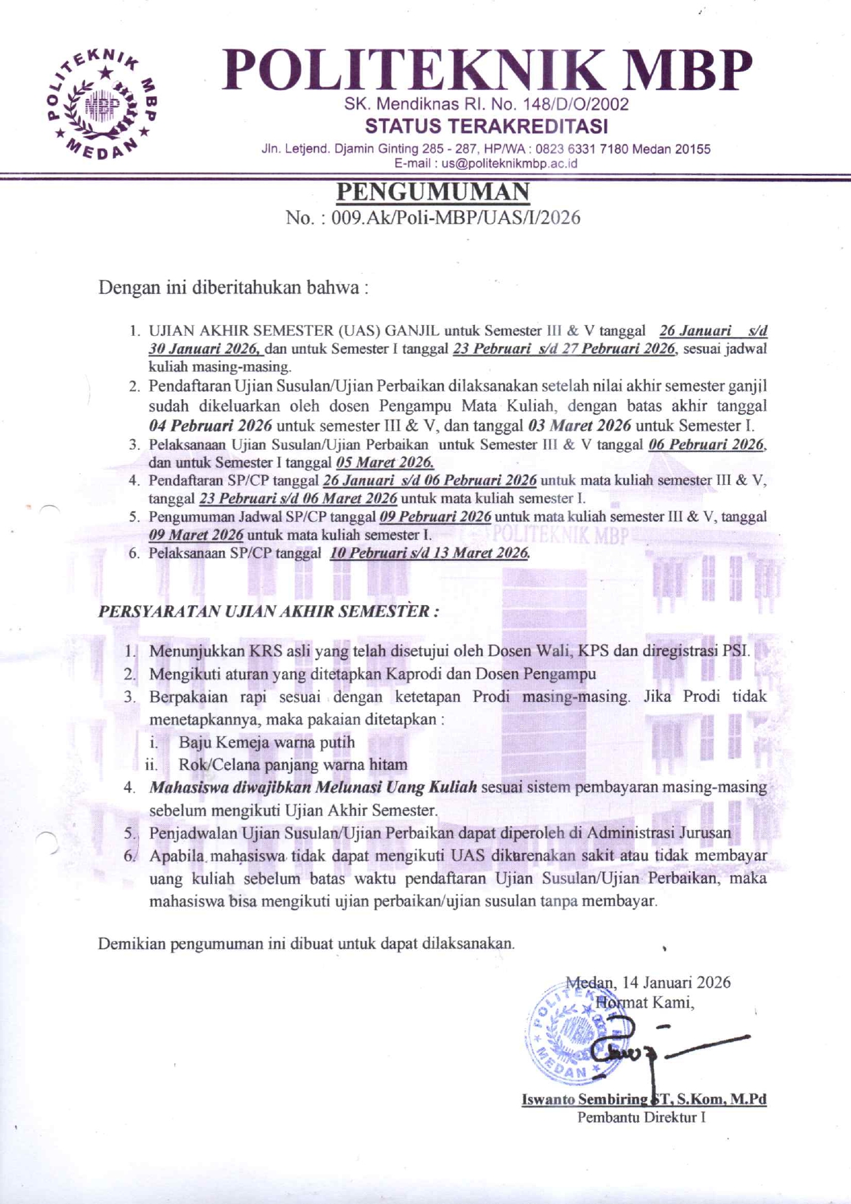 Pengumuman UAS Semester Ganjil T.A. 2025-2026